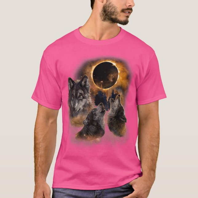 Three Wolves And Solar Eclipse Forest Wolf Animals T-Shirt (Front)