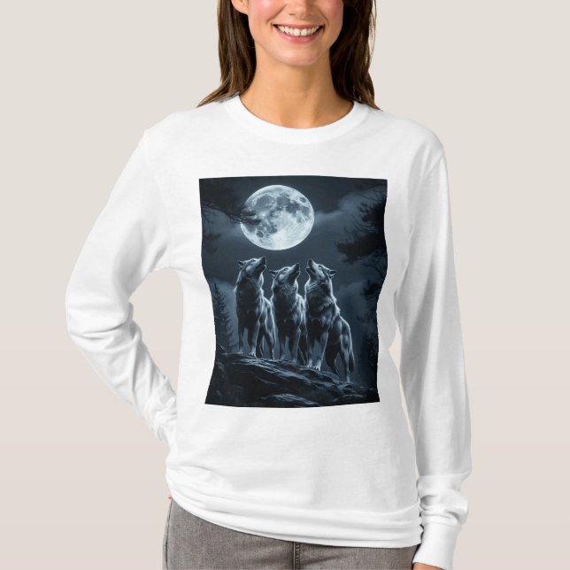 Three Wolves Howling at the Full Moon - Three Wolf T-Shirt (Front)