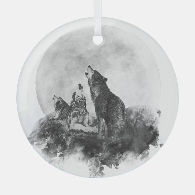 Three Wolves Howling at the Moon Animal Art Glass Tree Decoration (Front)