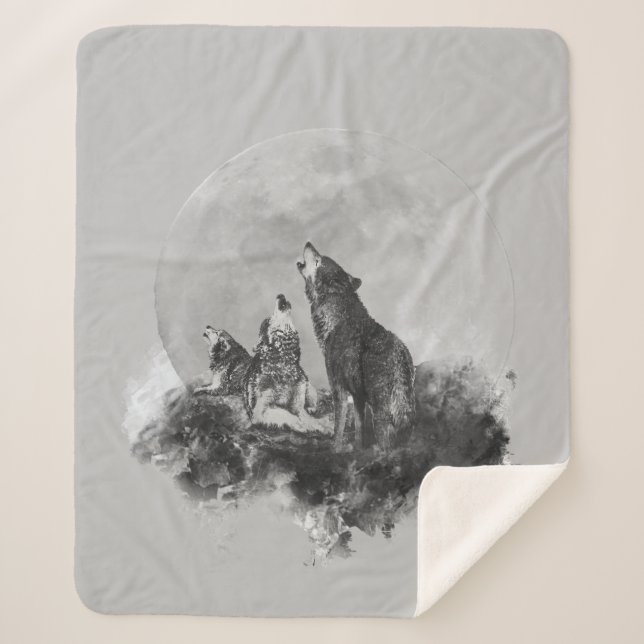 Three Wolves Howling at the Moon Graphic Art Sherpa Blanket (Front)