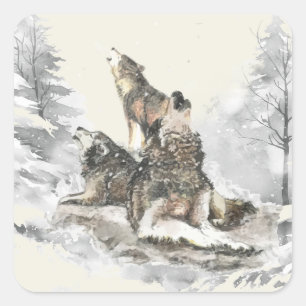 Three Wolves Howling Snowstorm Winter Wildlife  Square Sticker