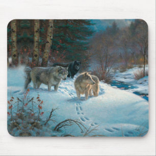 three wolves in the Winter Forest Mouse Mat