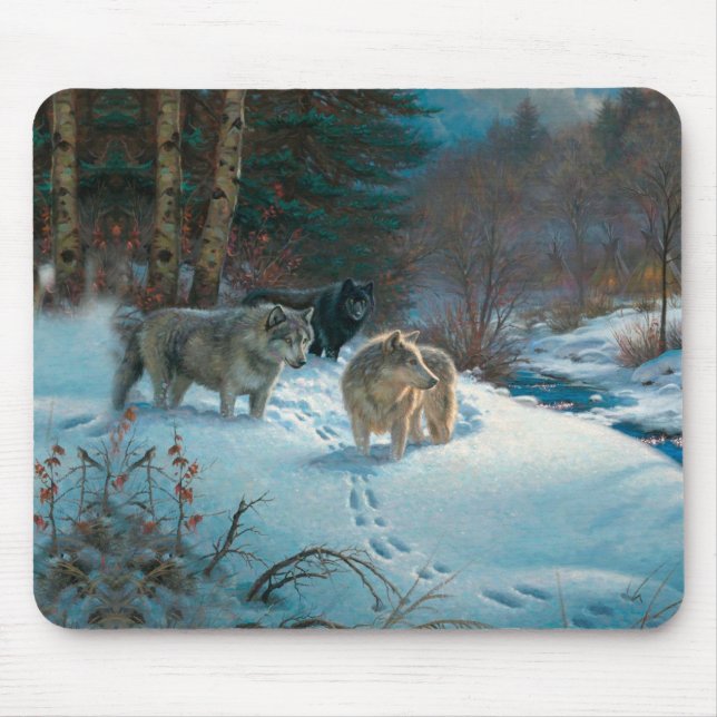three wolves in the Winter Forest Mouse Mat (Front)