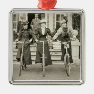 Three women on bicycles, early 1900s (b/w photo) metal tree decoration