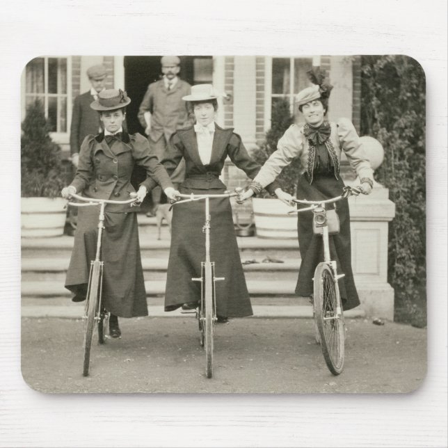 Three women on bicycles, early 1900s (b/w photo) mouse mat (Front)
