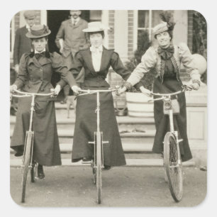 Three women on bicycles, early 1900s (b/w photo) square sticker