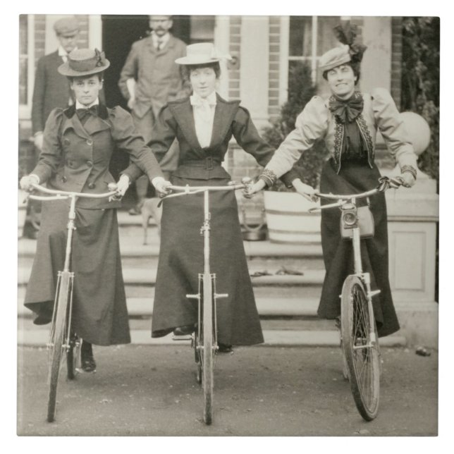 Three women on bicycles, early 1900s (b/w photo) tile (Front)