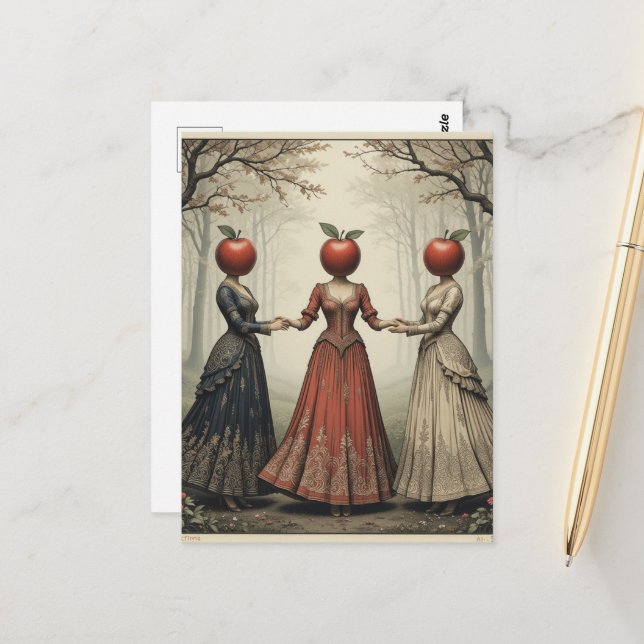 Three Women With Apple Heads Dance in Forest Postcard (Front/Back In Situ)