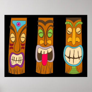 Three Wooden Tiki Statues, Funny Black Poster