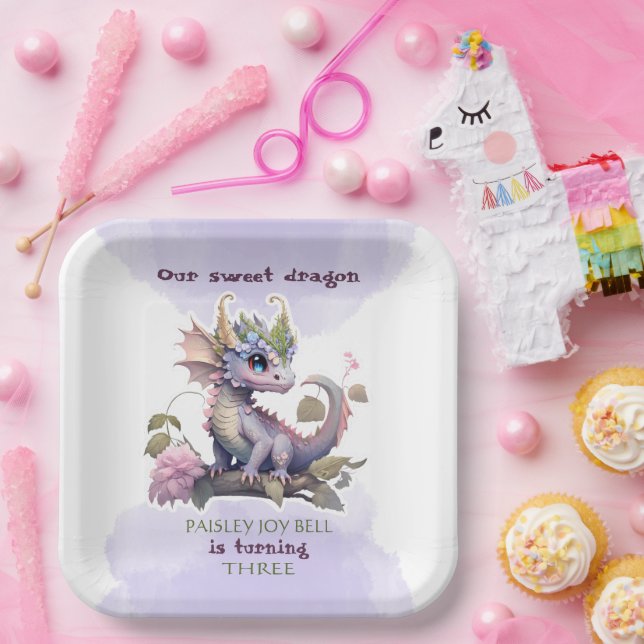 Three Year Old Girl Dragon Paper Plate (Party)