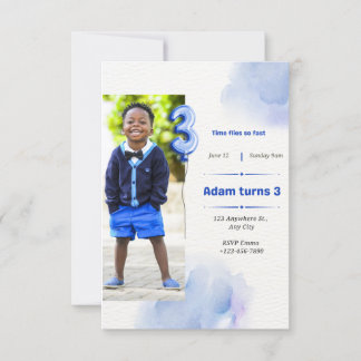 THREE YEARS BIRTHDAY FOR BOY BLUE WITH PHOTO INVITATION