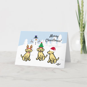 Three Yellow Labradors and Snowman Christmas Holiday Card