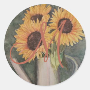 THREE YELLOW SUNFLOWERS FLORAL CLASSIC ROUND STICKER