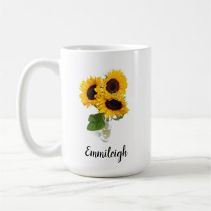Three Yellow Sunflowers in Vase Custom Coffee Mug
