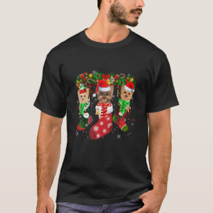 Three Yorkie In Sock Christmas Cute Santa Hat T-Shirt