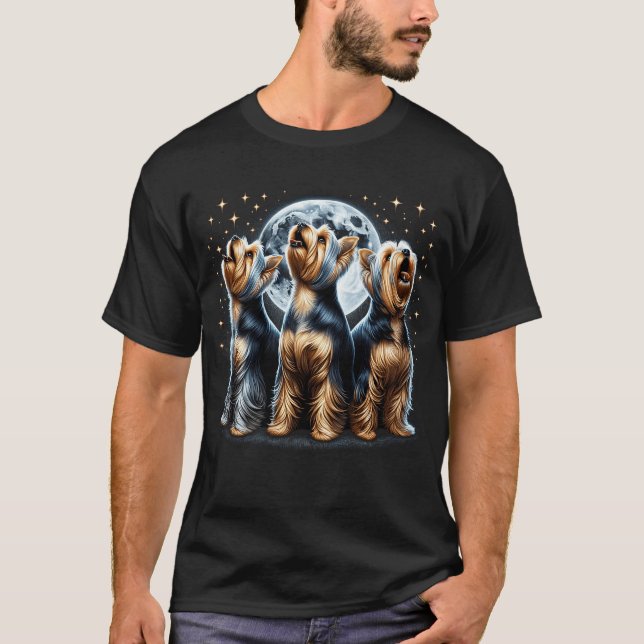 Three Yorkshire Terriers Howling at Moon Like T-Shirt (Front)