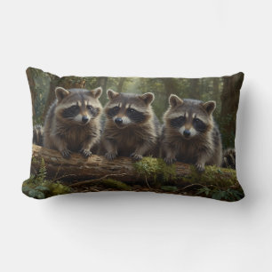 Three Young Raccoons in a Forest Lumbar Cushion
