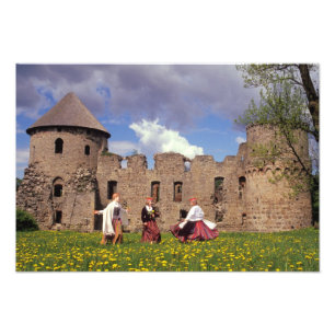 Three young women in traditional clothes photo print