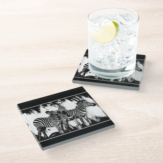 Three Zebras Painting Glass Coaster (Angled)