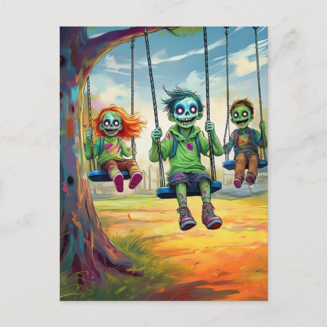 Three Zombie Kids on Swings in Fall Park Postcard (Front)