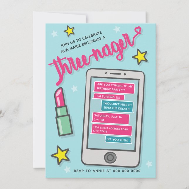 Threenager Funny Girl's Third Birthday Invitation (Front)