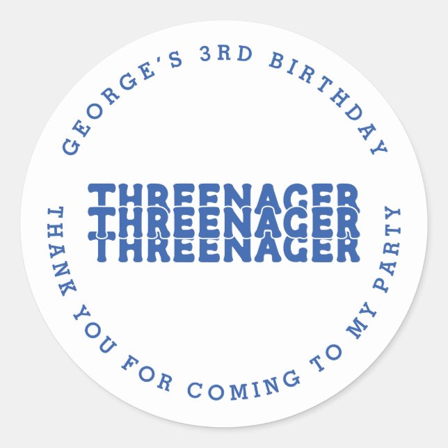 Threenager Name 3rd Birthday Blue Thank You Classic Round Sticker (Front)