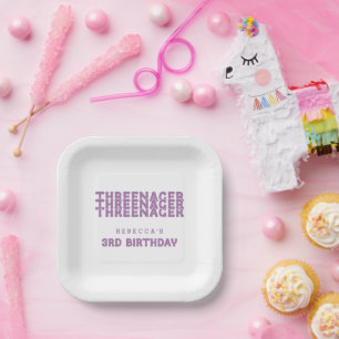 Threenager Name 3rd Birthday Lilac Paper Plate