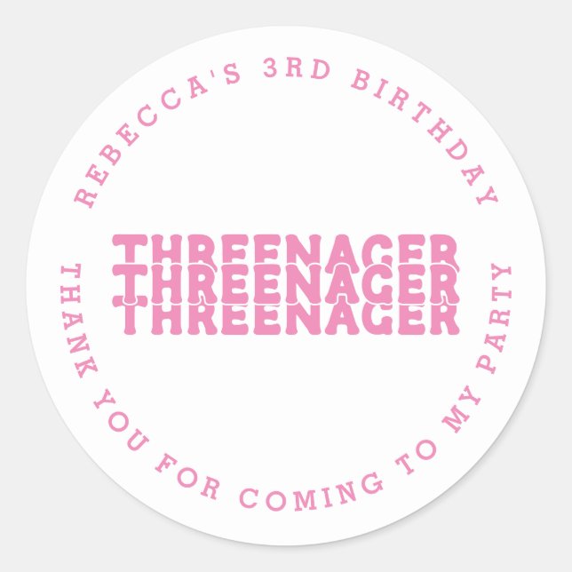 Threenager Name 3rd Birthday Pink Thank You Classic Round Sticker (Front)