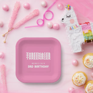 Threenager Name 3rd Birthday White Text Pink Paper Plate