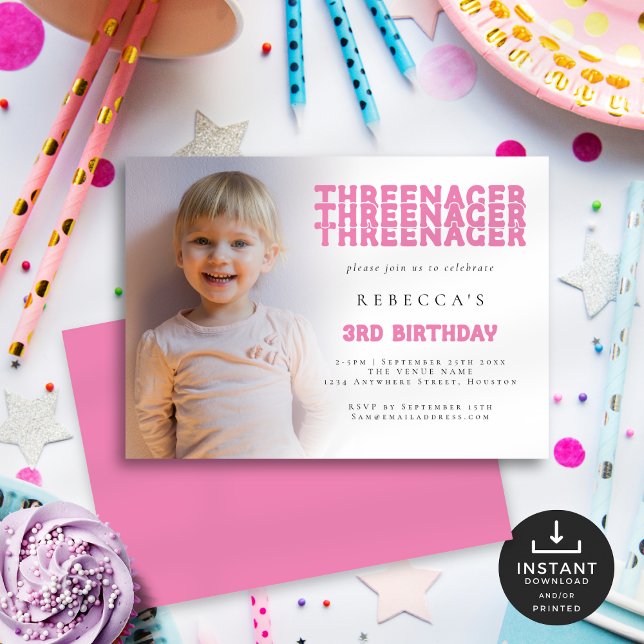 Threenager Photo Overlay 3rd Birthday Party Pink Invitation (Front and back view)