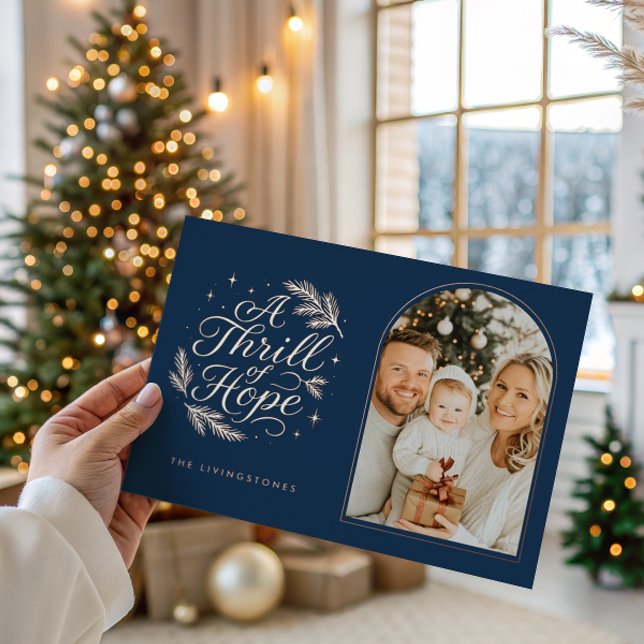 Thrill of Hope Photo Navy & Rose Gold Religious Foil Holiday Card (Creator Uploaded)