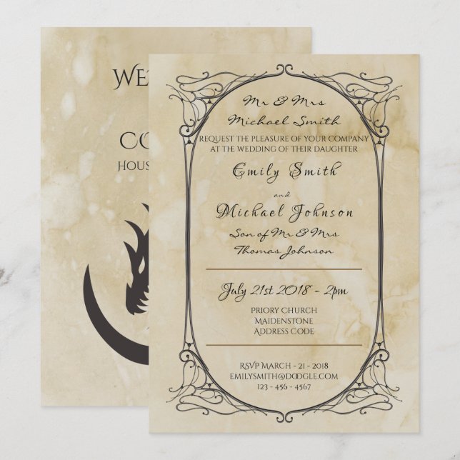 Thrones Wedding Invitation Mediaeval Dragon Royal (Front/Back)