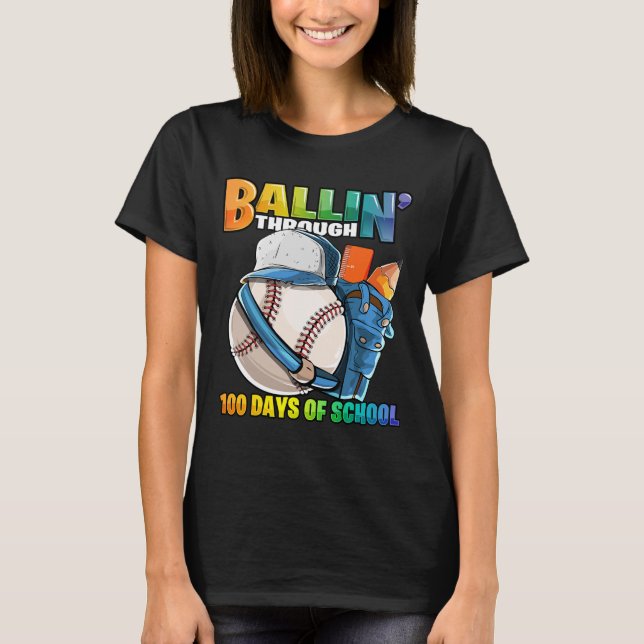 Through 100 Days Of School Baseball Kindergarten B T-Shirt (Front)