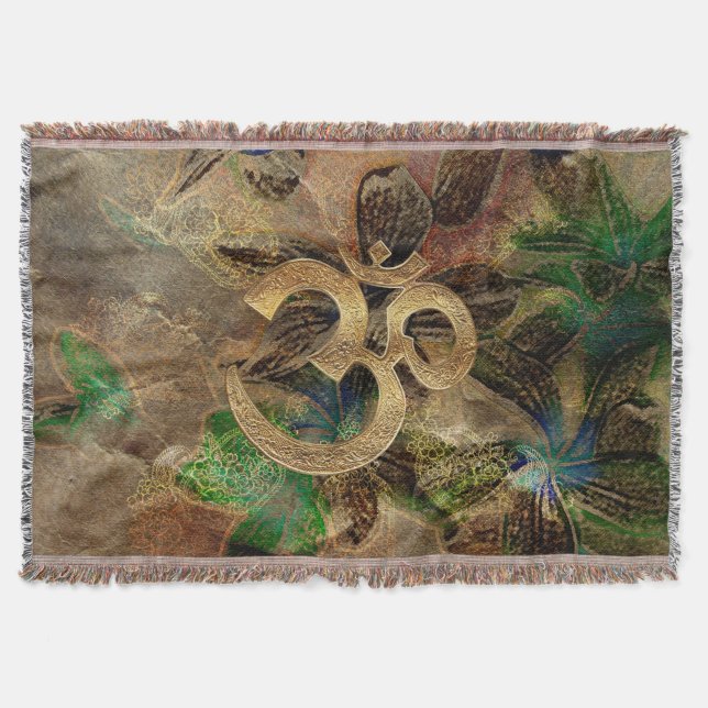 Throw blanket green brown floral brass AUM (Front)