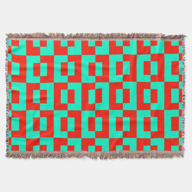 Throw Blanket with Turquoise&Red Tiles Design (Front)