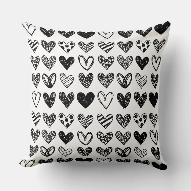 Throw Cushion - Black and White Hearts (Front)