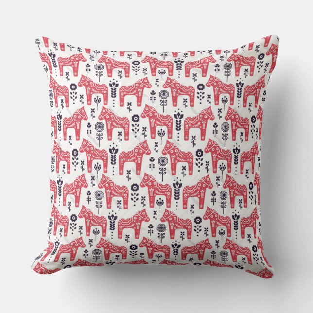 Throw Cushion - Swedish Dala Horse & Floral Design (Front)