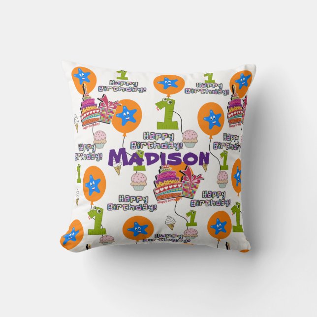 Throw Pillow, #1 First Birthday White Cushion (Front)