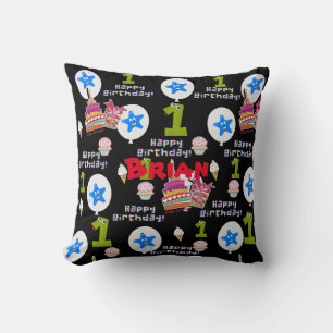 Throw Pillow, #1 Happy First Birthday Black Cushion