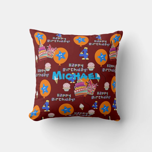 Throw Pillow, #4 Happy 4th Birthday Dark Red Cushion (Front)
