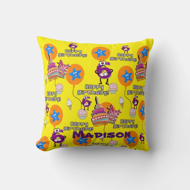 Throw Pillow, #6 Happy 6th Birthday Yellow Cushion (Front)
