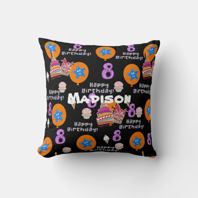 Throw Pillow, #8 Happy 8th Birthday Black Cushion (Front)