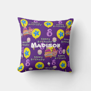 Throw Pillow, #8 Happy 8th Birthday Purple Cushion