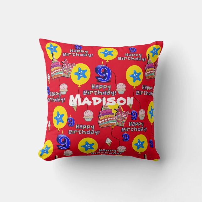 Throw Pillow, #9 Happy 9th Birthday Red Cushion (Front)