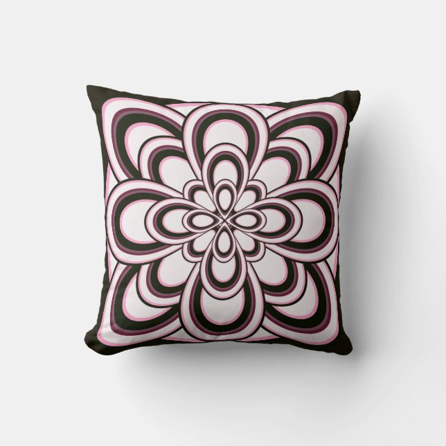 Throw Pillow, Abstract Flower 2, Black Pink White Cushion (Front)