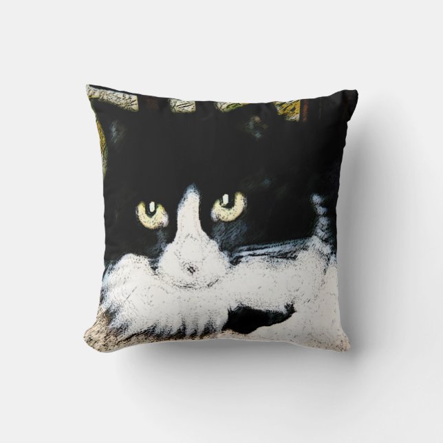 Throw Pillow black and white cat 16X16 (Front)