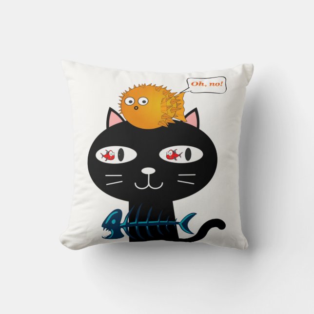 Throw Pillow Black Cat Fishbones (Front)