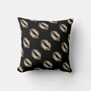 Throw Pillow/Black with Gold Lips Cushion