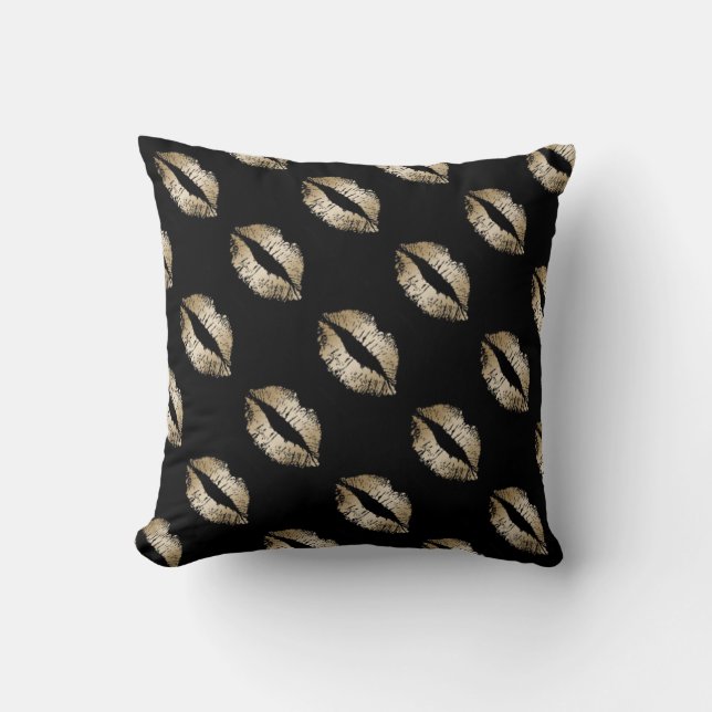Throw Pillow/Black with Gold Lips Cushion (Front)