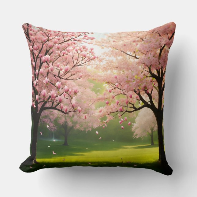 Throw Pillow Blooming Trees Over Green Fields (Front)